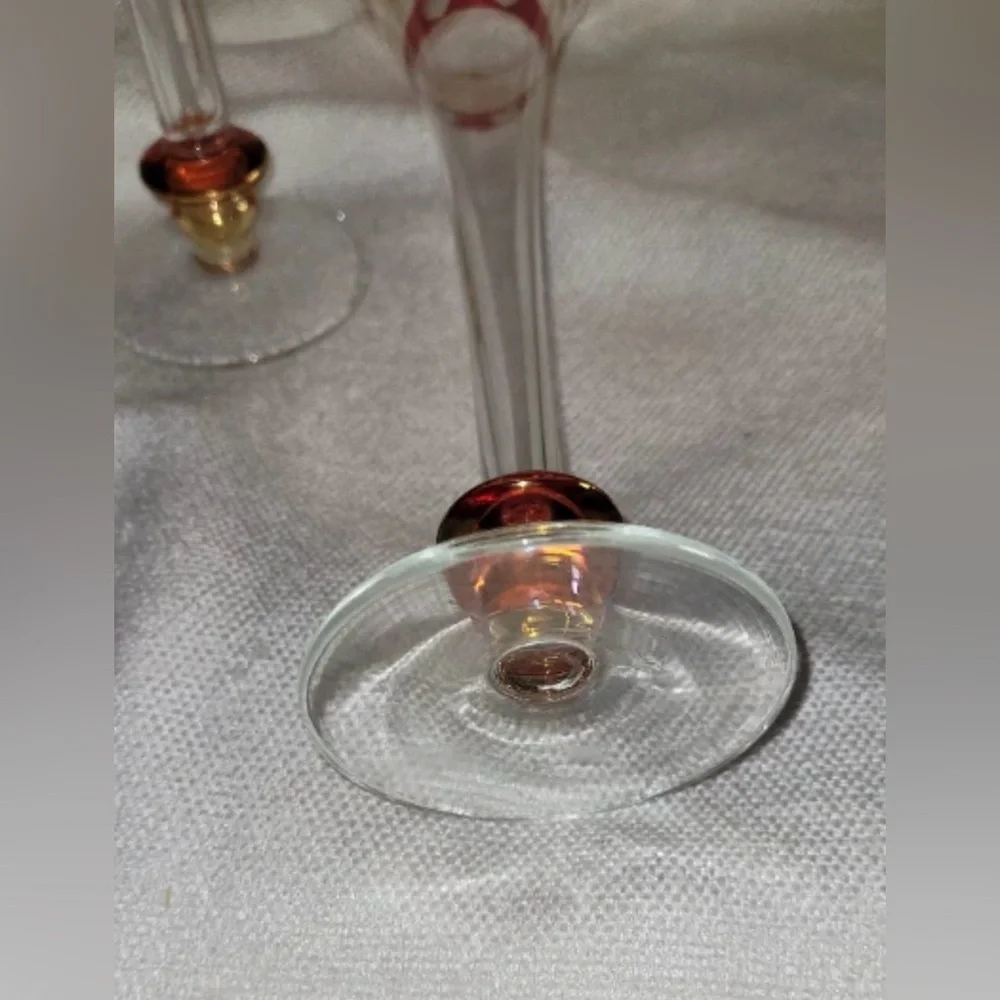 PAIR VINTAGE ETCHED HEARTS RUBY RED FLUTES CHAMPAGNE L'AMOUR 11